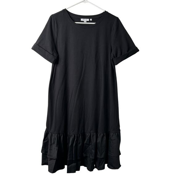 Chico’s Tiered T-Shirt Dress Black Size 1 Medium Knit Woven Contrast Hem - Picture 1 of 7